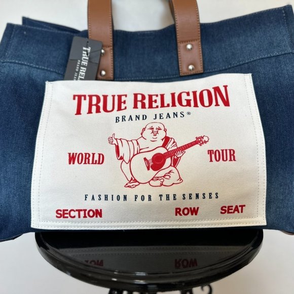 NWT True Religion Washed Navy Denim Large Tote - Picture 5 of 13